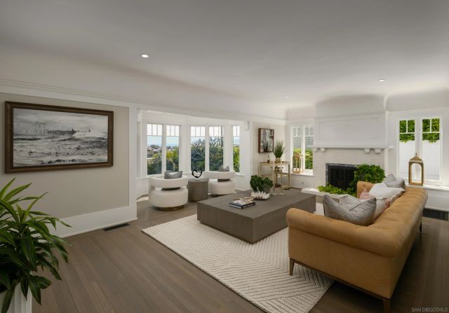 a living room with furniture potted plant and a fireplace