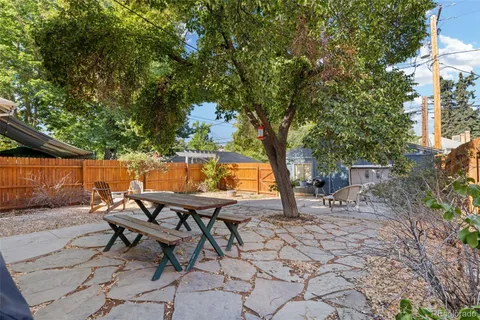 a backyard of a house with table and chairs