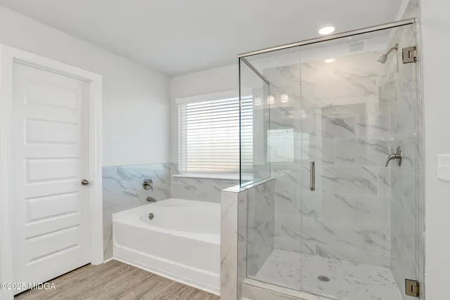 a bathroom with a bathtub and a shower
