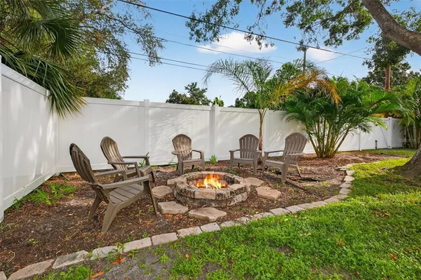 a backyard of a house with table and chairs