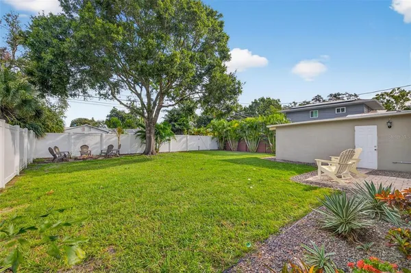 a backyard of a house with table and chairs
