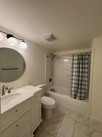 a bathroom with a double vanity sink toilet mirror and shower