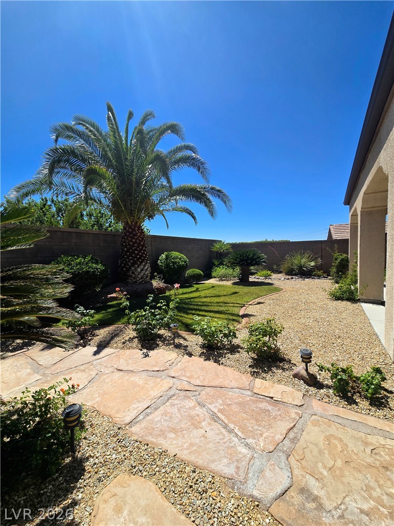 2567 Dirleton Place Henderson, NV 89044 - Photo 57 of 67 A desert oasis with a large palm tree, flagstone pathway, and green lawn, perfect for relaxation.
