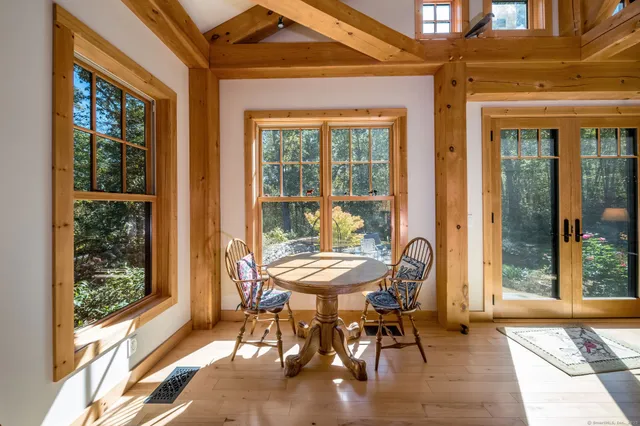 a view of a dining room with furniture window and outside view