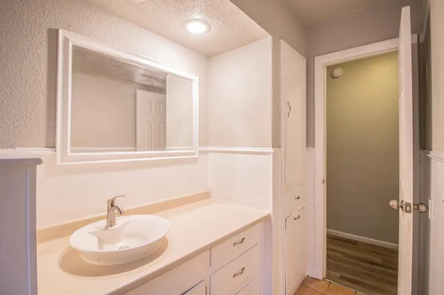 a bathroom with a sink and a mirror