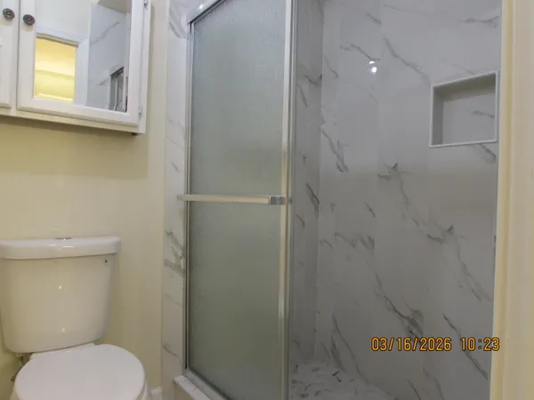 a bathroom with a toilet and a shower