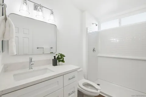 a bathroom with a sink a toilet and shower