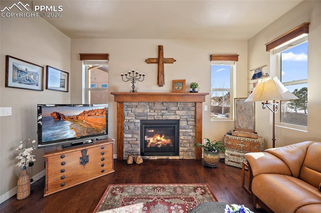 12988 Cupcake Heights Colorado Springs, CO 80921 - Photo 5 of 39 a living room with furniture a flat screen tv and a fireplace