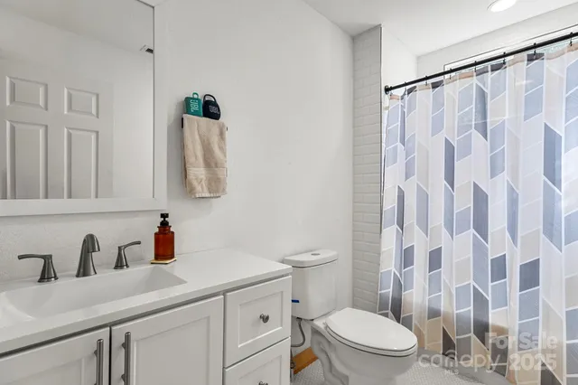 a bathroom with a sink a toilet and shower curtain