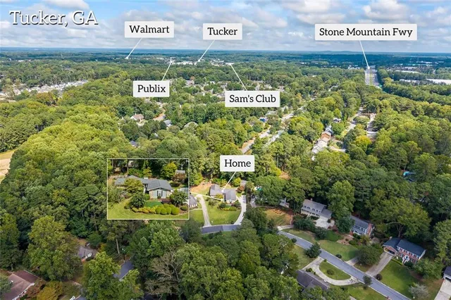 a view of outdoor space with signage and flags
