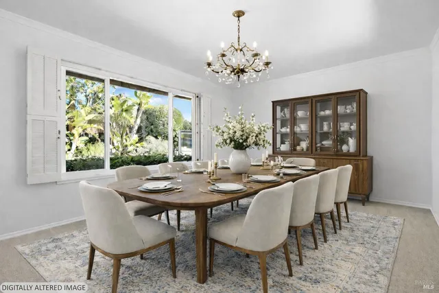 a view of a dining room with furniture window and outside view
