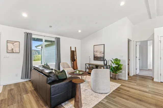 a living room with furniture and a potted plant