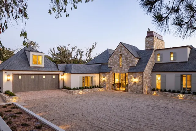 a living room with furniture a fireplace and potted plants