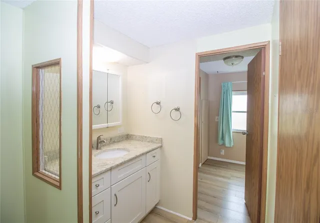 a bathroom with a granite countertop sink and a mirror