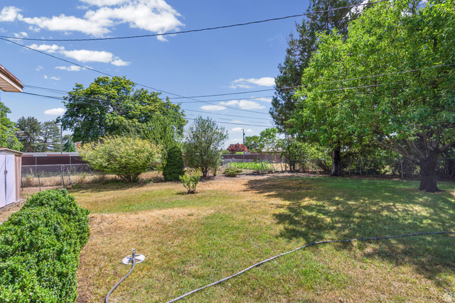 542 East 3400th Street North Provo, UT 84604 - Photo 26 of 39 Expansive backyard featuring mature trees, diverse plantings, a chain-link fence, and a storage shed