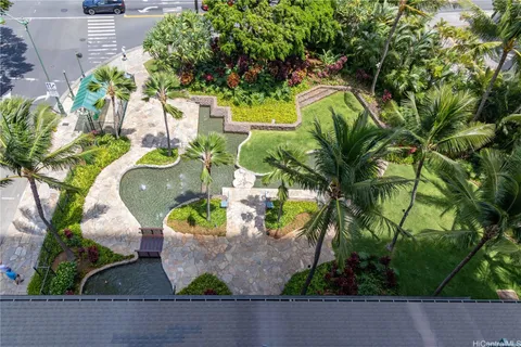 a view of a patio with plants and garden