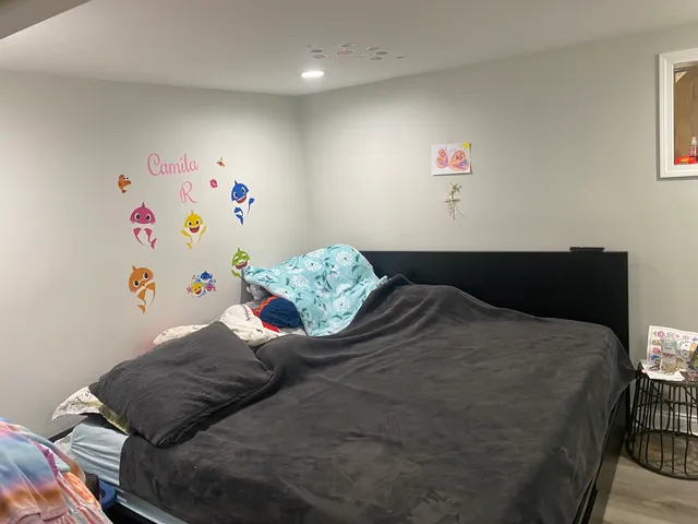 a bedroom with a bed and a dresser