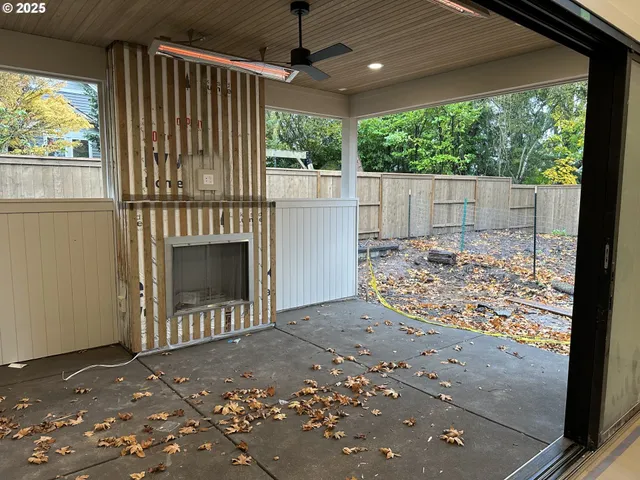 a view of a porch with a backyard