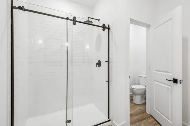 a bathroom with a shower and a toilet