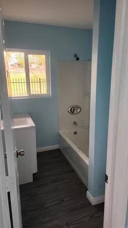 a bathroom with a bathtub