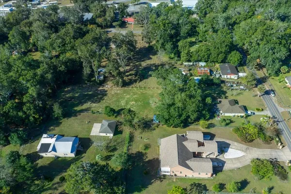a view of a city with lush green forest