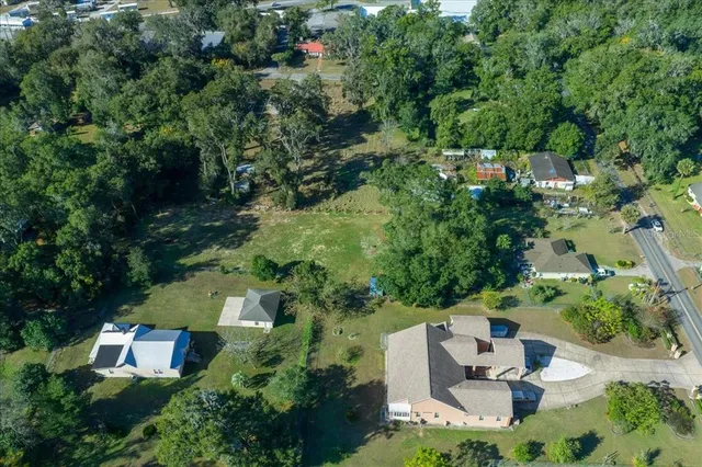 a view of a city with lush green forest