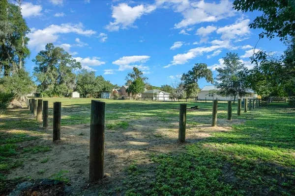a view of a garden with a slide