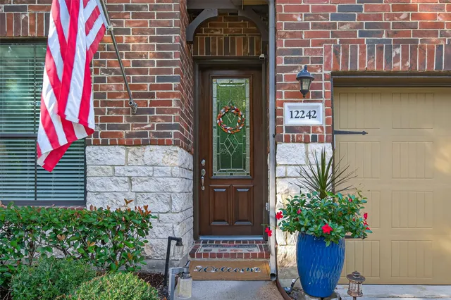 a potted plant in front of a door