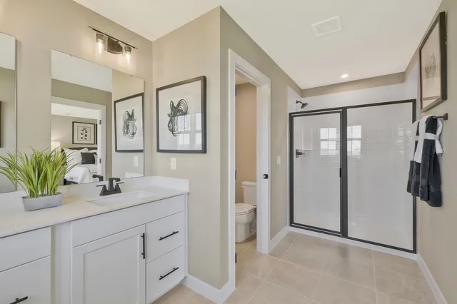 a bathroom with a shower sink vanity and mirror