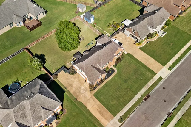 an aerial view of a pool