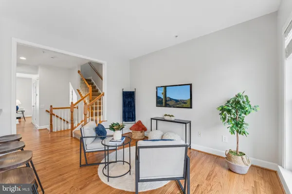 a living room with furniture potted plants and a wooden floor