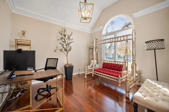 a view of a park with large trees