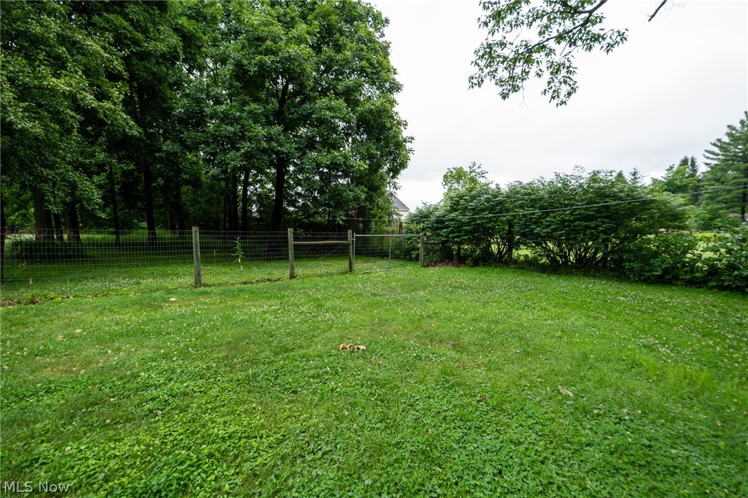 14027 Mayfield Road Huntsburg, OH 44046 - Photo 48 of 50 Expansive grassy area featuring a wire fence, mature trees, and established perimeter shrubbery
