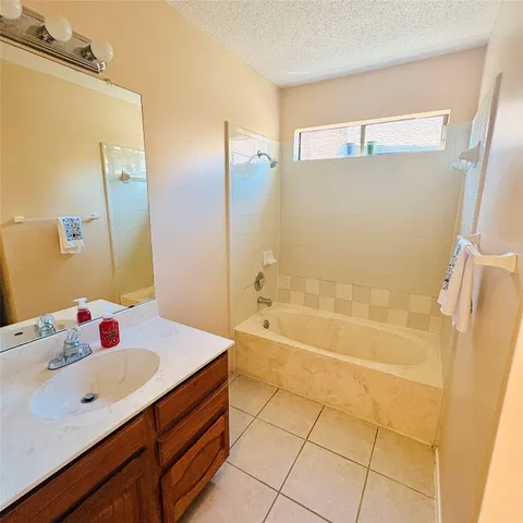 a bathroom with a tub sink and mirror