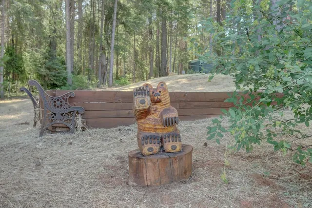a view of a fountain with big tree