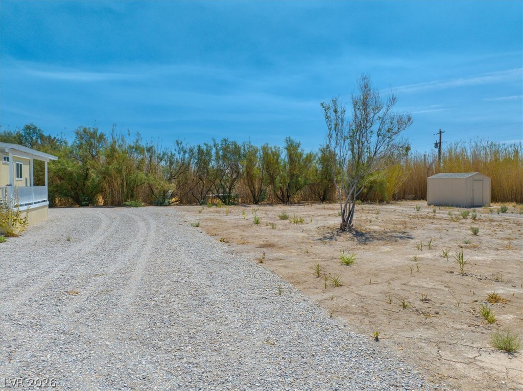4081 Retread Road Pahrump, NV 89048 - Photo 63 of 98 A long gravel driveway leads to a modest shed, surrounded by desert landscaping and sparse trees.