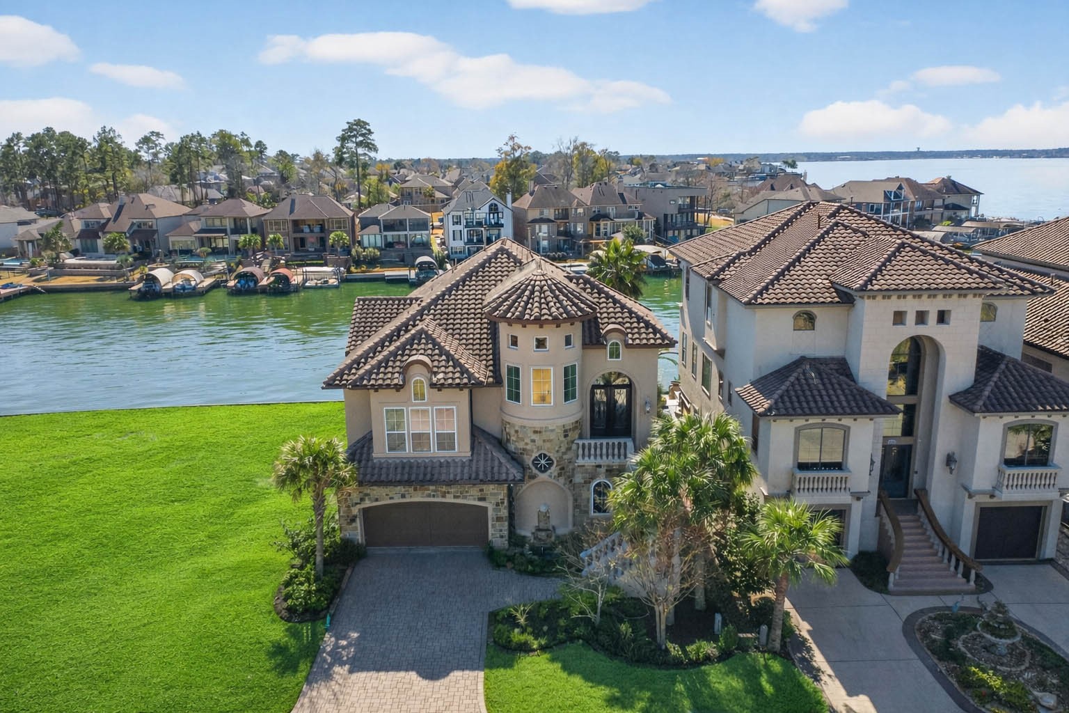 12349 Tramonto Conroe, TX 77304 - Photo 44 of 50 This stunning waterfront home features a Mediterranean-style design with elegant arches and a tiled roof. It offers a picturesque view of the lake, lush green lawn, and surrounding upscale neighborhood. Perfect for those seeking luxury living with scenic water views.