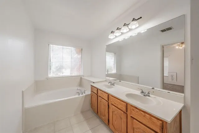 a bathroom with a tub a double vanity sink and mirror