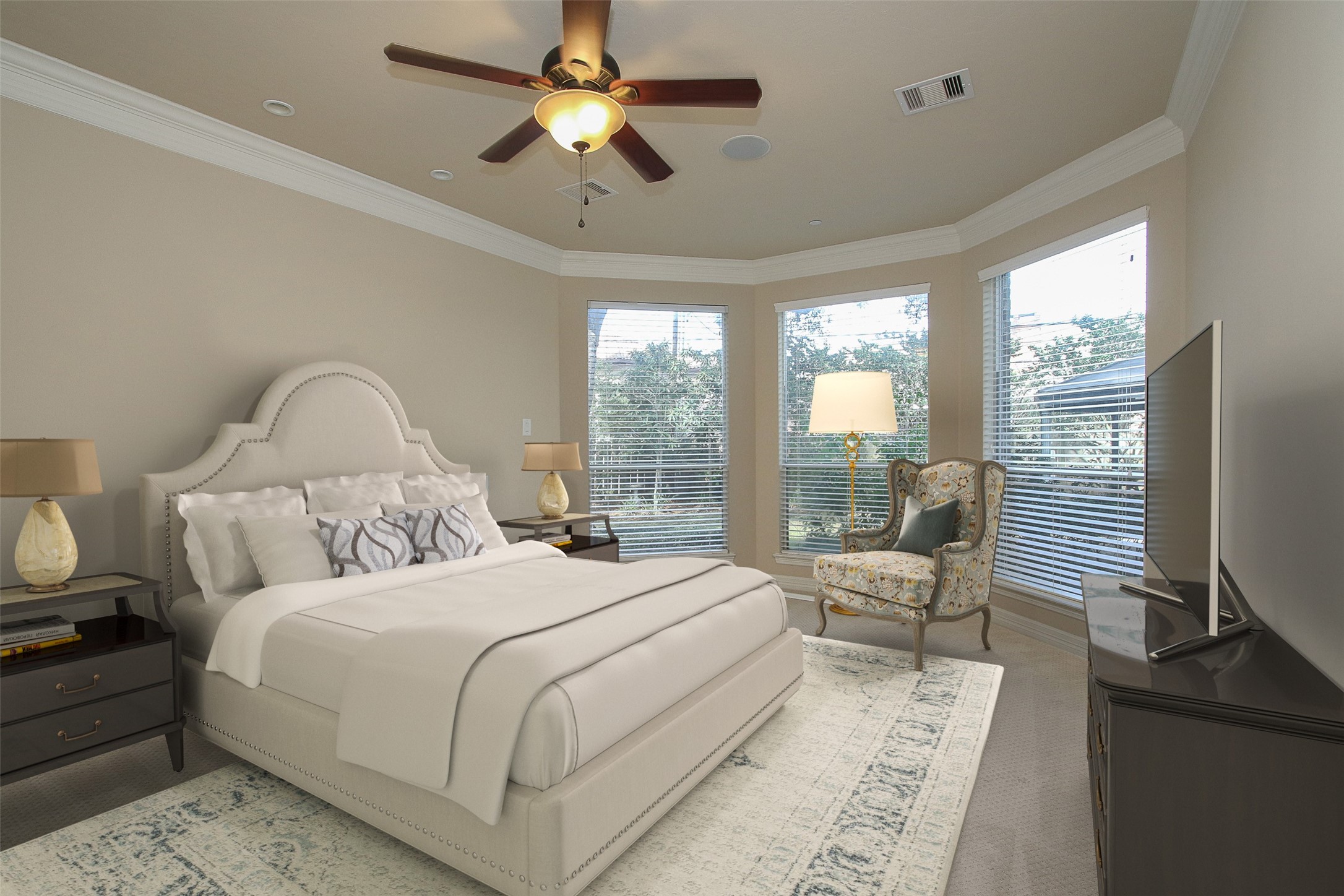 11722 Spriggs Way Houston, TX 77024 - Photo 22 of 49 Downstairs Primary Bedroom virtually staged located on the left side of the home away from the kitchen