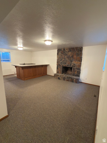 1164 East Mountain Road Logan, UT 84321 - Photo 18 of 45 Spacious room featuring a stone fireplace, built-in bar with a sink, textured carpet flooring, and two flush mount ceiling lights
