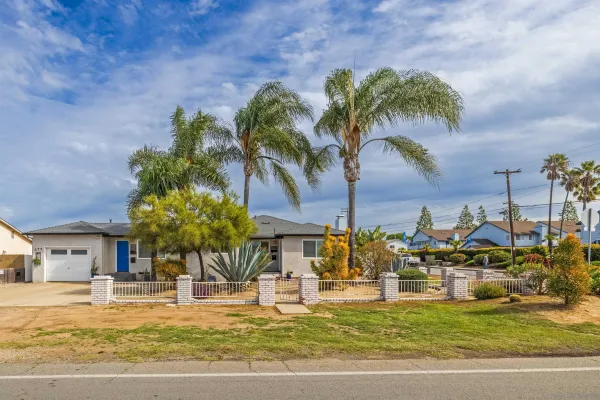 a view of a swimming pool with a lawn chairs under palm trees