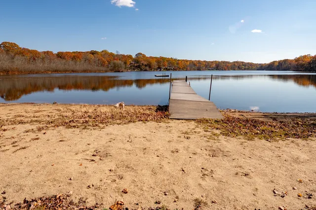 a view of a lake with houses in the back