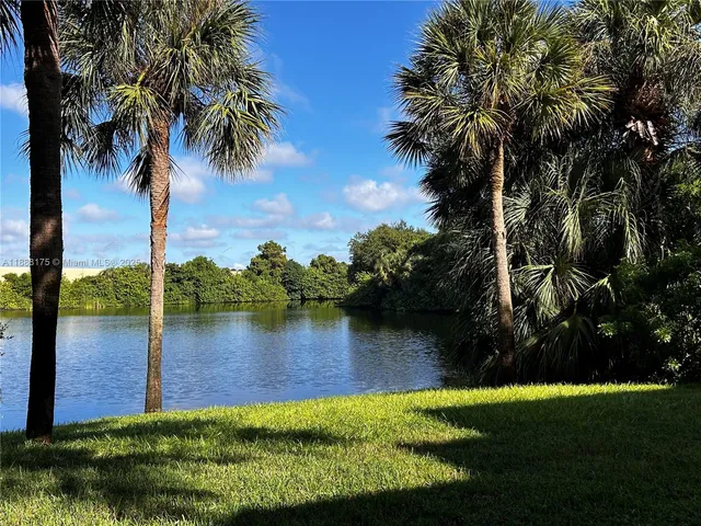 a view of a lake with a yard