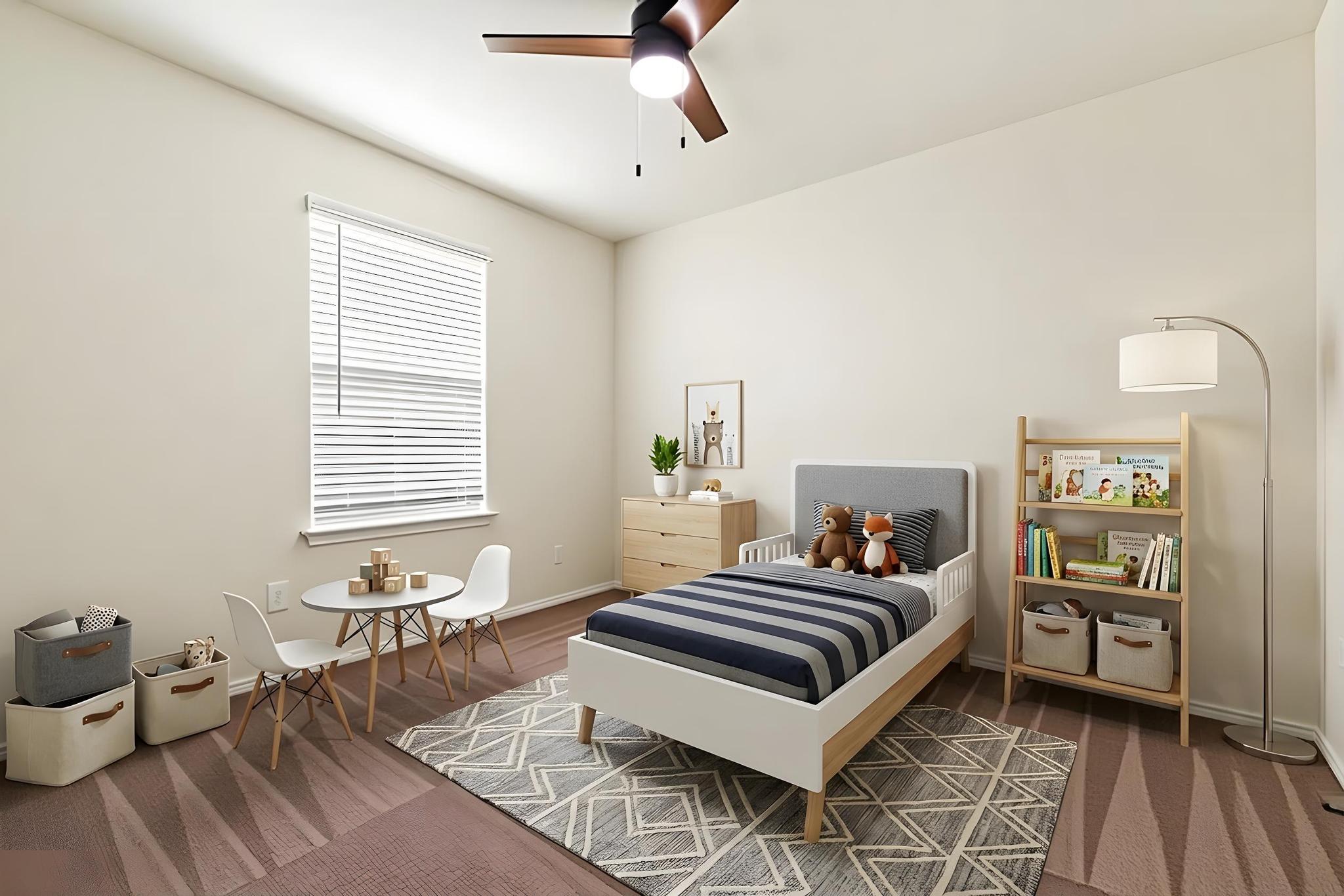 217 Innisfree Road Jarrell, TX 76537 - Photo 32 of 39 Well-lit children's bedroom with rich wood flooring and a modern ceiling fan. Virtually Staged
