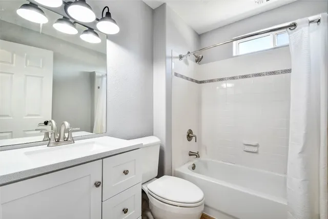 a bathroom with a sink a toilet a mirror and shower