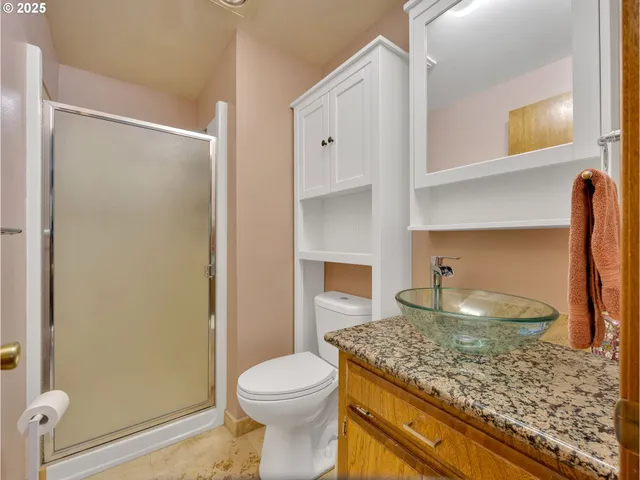 a bathroom with a granite countertop sink a toilet and shower
