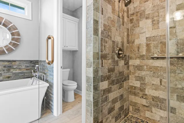 a bathroom with a bathtub and a toilet