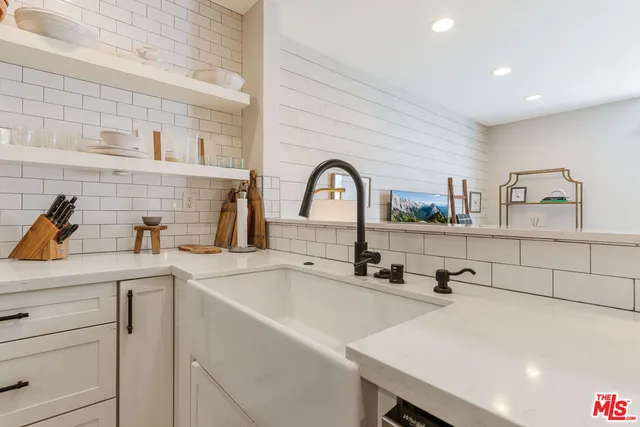 a kitchen with a sink a counter and a potted plant