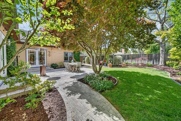 a view of a backyard with sitting area