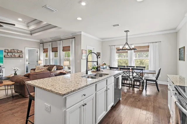 a view of a kitchen and dining table